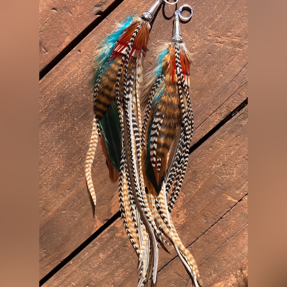 Exotic festival extra long real grizzly feather earrings/handmade.Hair extention
